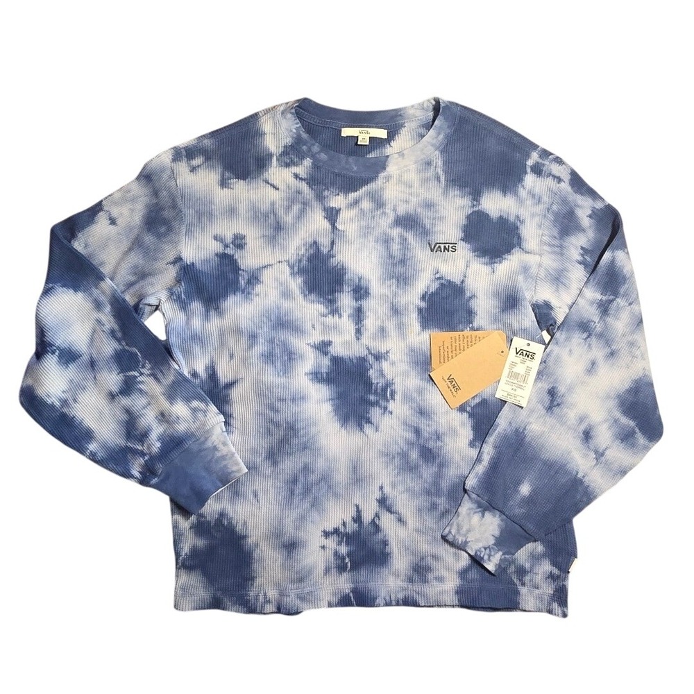 Vans Lex LS Thermal Blue White Tie Dye Waffle Knit Shirt XS VN0A4PQSKJ7 NEW